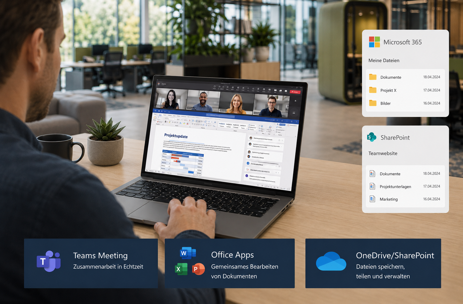 Mitarbeiterin in einem Teams-Meeting mit Co-Authoring in der Cloud
