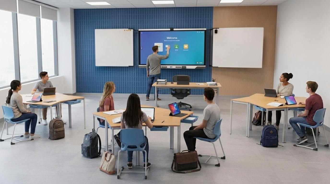 Lehrerin startet das SMART Board direkt per Touch im laufenden Unterricht
