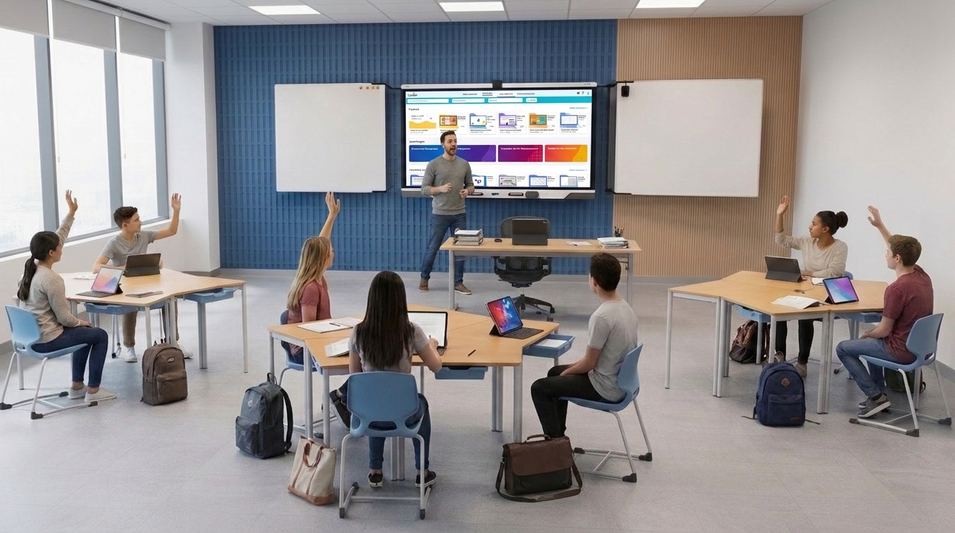Vorbereitete Unterrichtseinheit in SMART Notebook auf dem großen Display