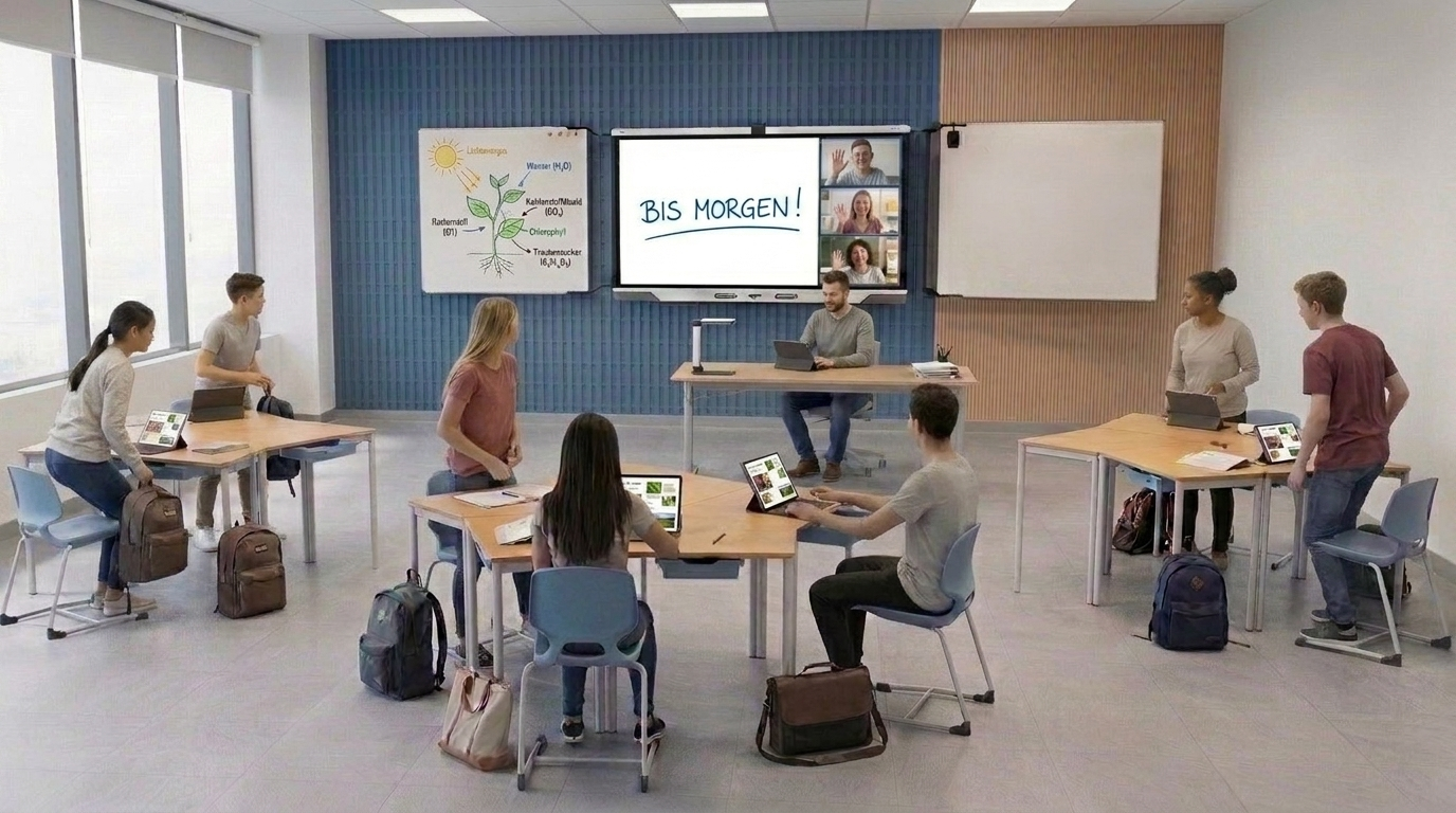 Lehrerin und Klasse im modernen digitalen Klassenraum als Closing-Bild